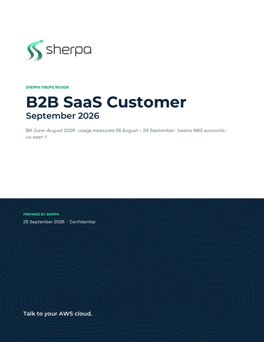 Cover of the Sherpa FinOps Review for a B2B SaaS Customer, September 2026