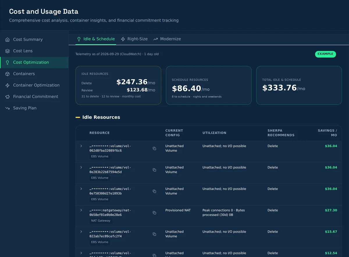 Sherpa Insights cost optimization view, example figures: idle resources to delete and review, resources to schedule, with the monthly saving