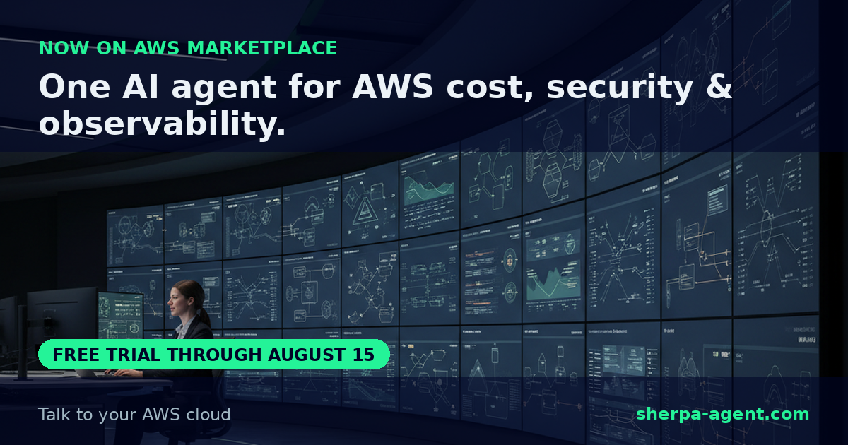 A modern cloud operations room with a wall of AWS dashboards, on a deep-navy background — one AI agent across cost, security, observability, and operations.